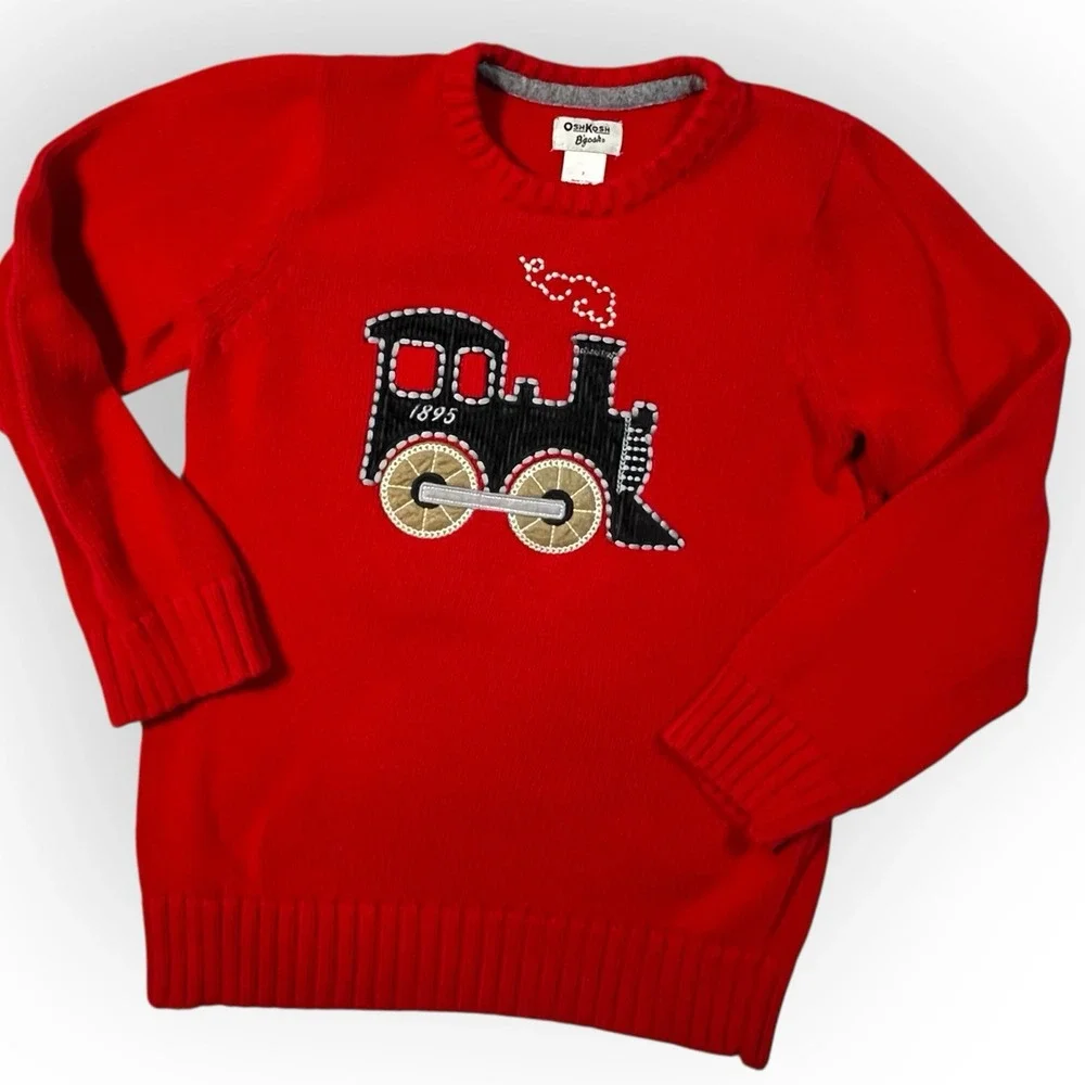 OshKosh B'gosh Boys Red‎ Winter Knit Train Holiday Christmas Sweater Size 7